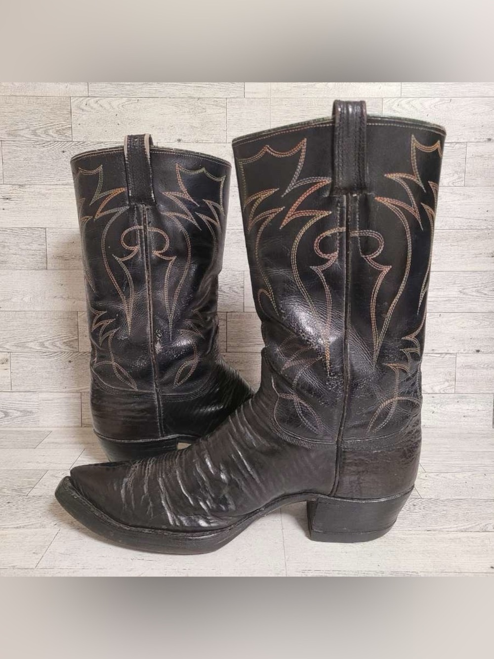 Men's 12D Custom Exotic Black Sharkskin Leather Vintage Handmade Cowboy Boots - Picture 8 of 14